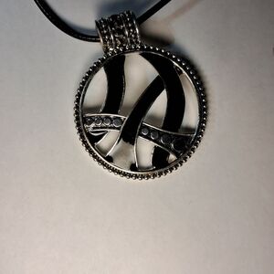 Vintage Silvertone & Black Swirl & Cord Necklace